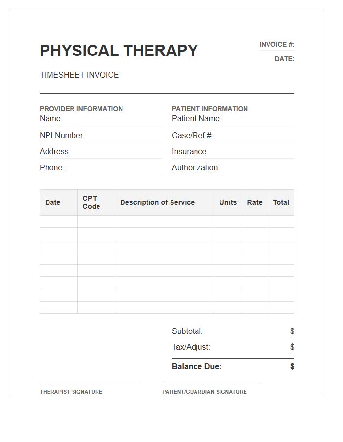 Outpatient Physical Therapy Timesheet Invoice Template
