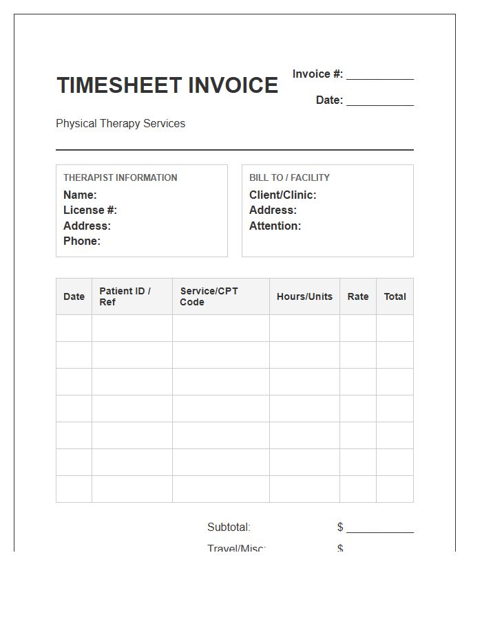 Physical Therapist Timesheet Invoice Template