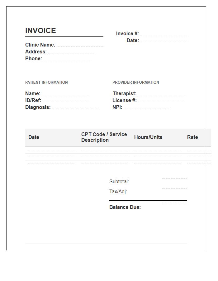 Physical Therapy Labor Hours Invoice Template