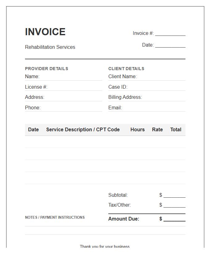 Rehabilitation Services Hourly Timesheet Invoice Template