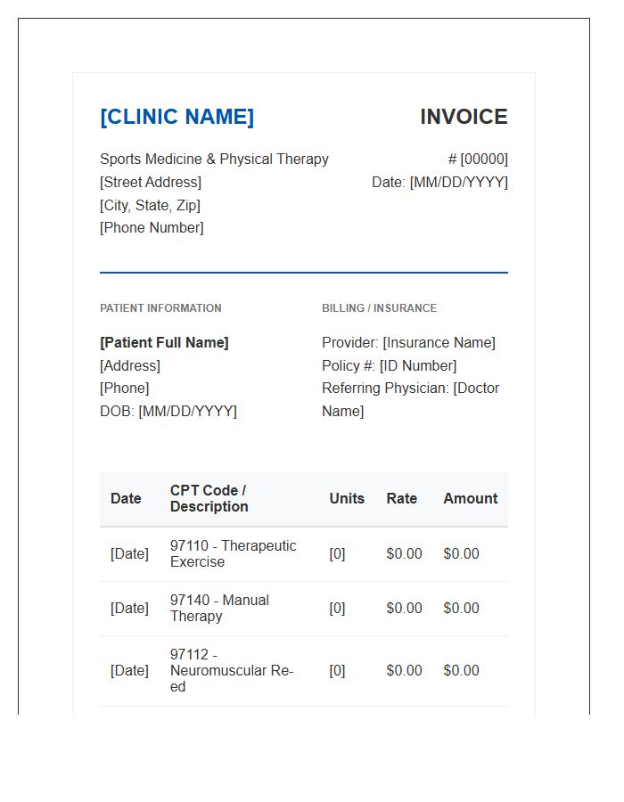 Sports Medicine Physical Therapy Invoice Template