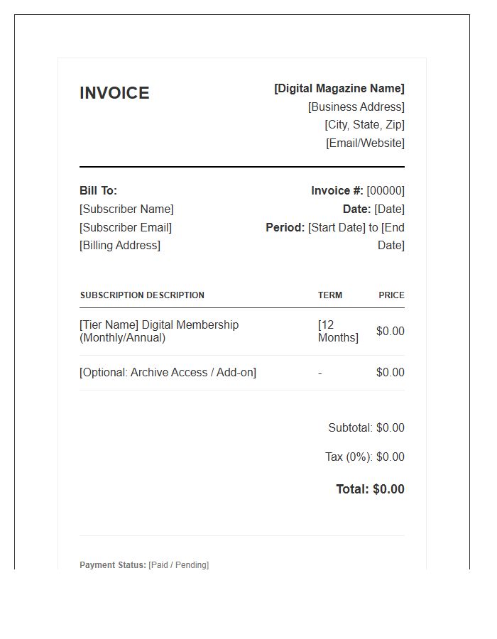 Digital Magazine Subscription Invoice Template