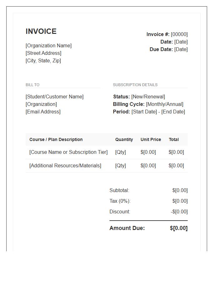 Education Course Subscription Invoice Template