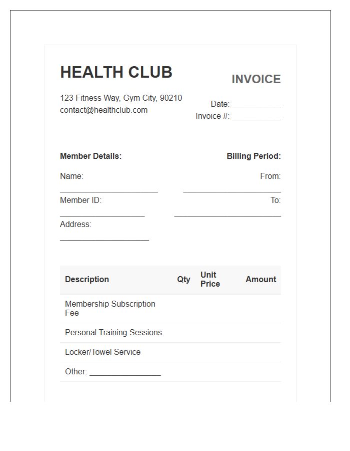 Health Club Membership Invoice Template