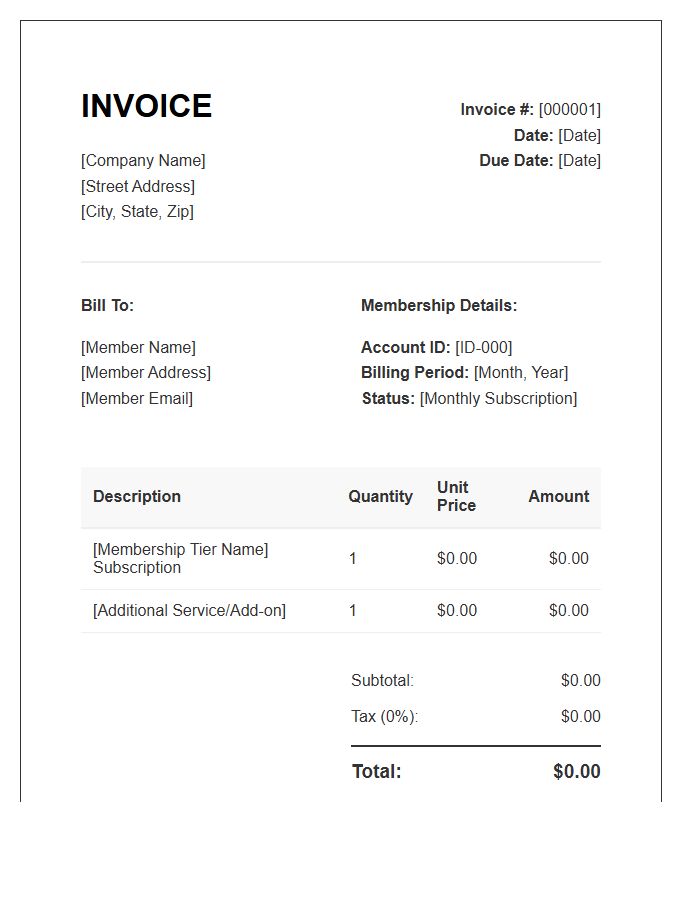 Monthly Membership Subscription Invoice Template