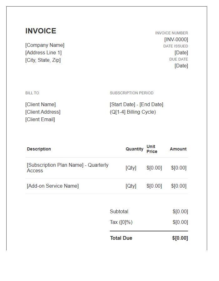 Quarterly Subscription Billing Invoice Template