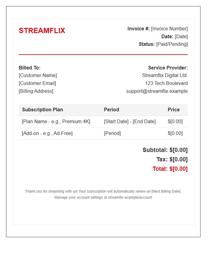 Streaming Service Subscription Invoice Template