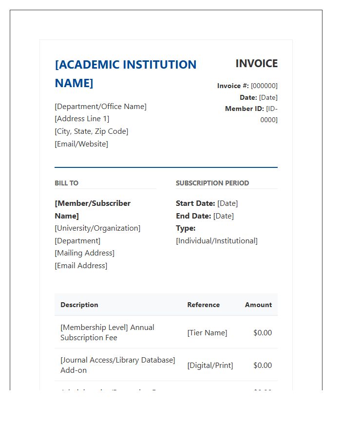 Academic Membership Subscription Invoice Template