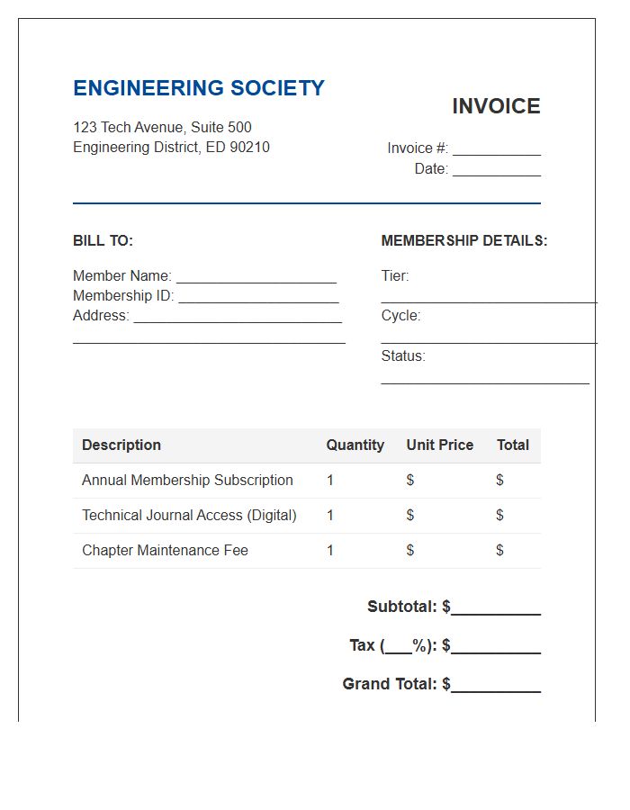 Engineering Society Subscription Invoice Template