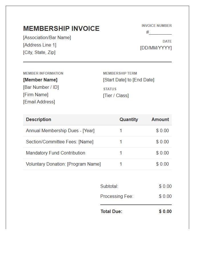 Legal Professional Membership Invoice Template