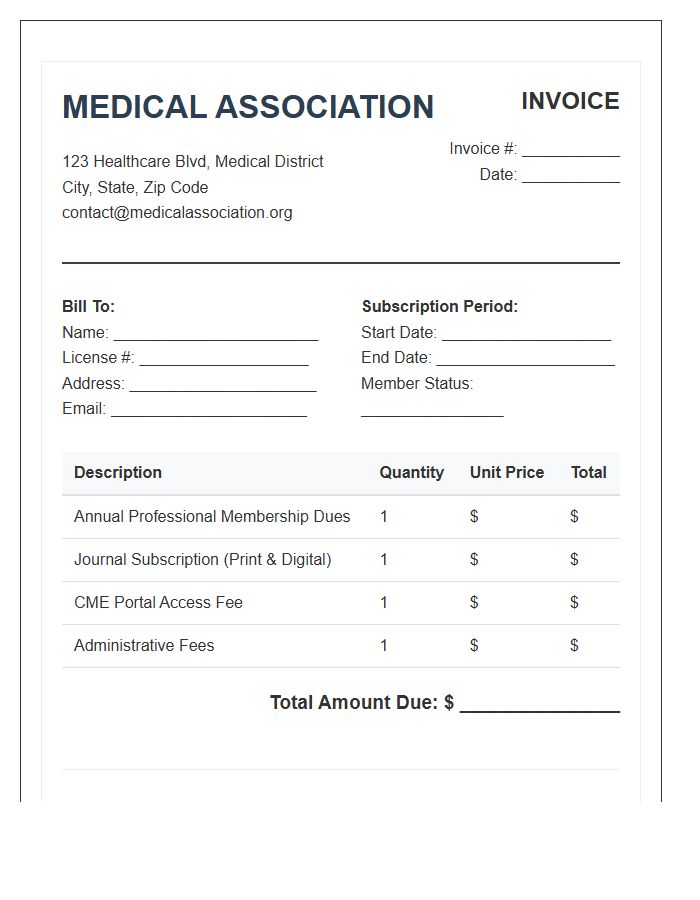 Medical Association Subscription Invoice Template