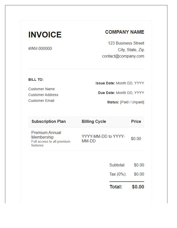 Premium Subscription Membership Invoice Template