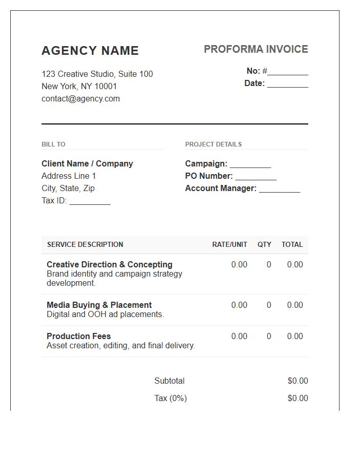 Advertising Agency Proforma Invoice Template Layout