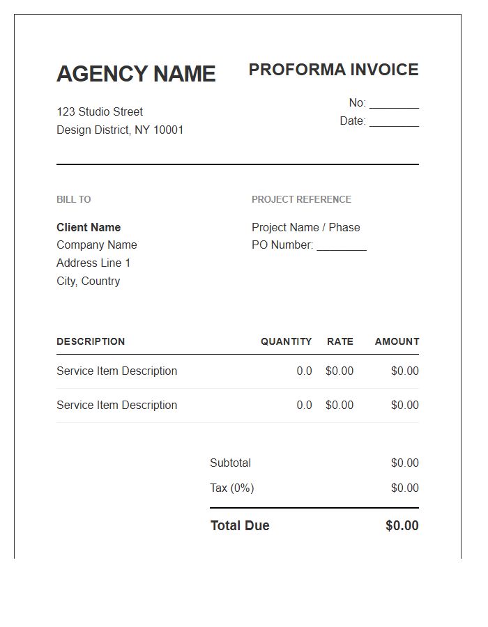 Boutique Agency Proforma Invoice Template Requirements