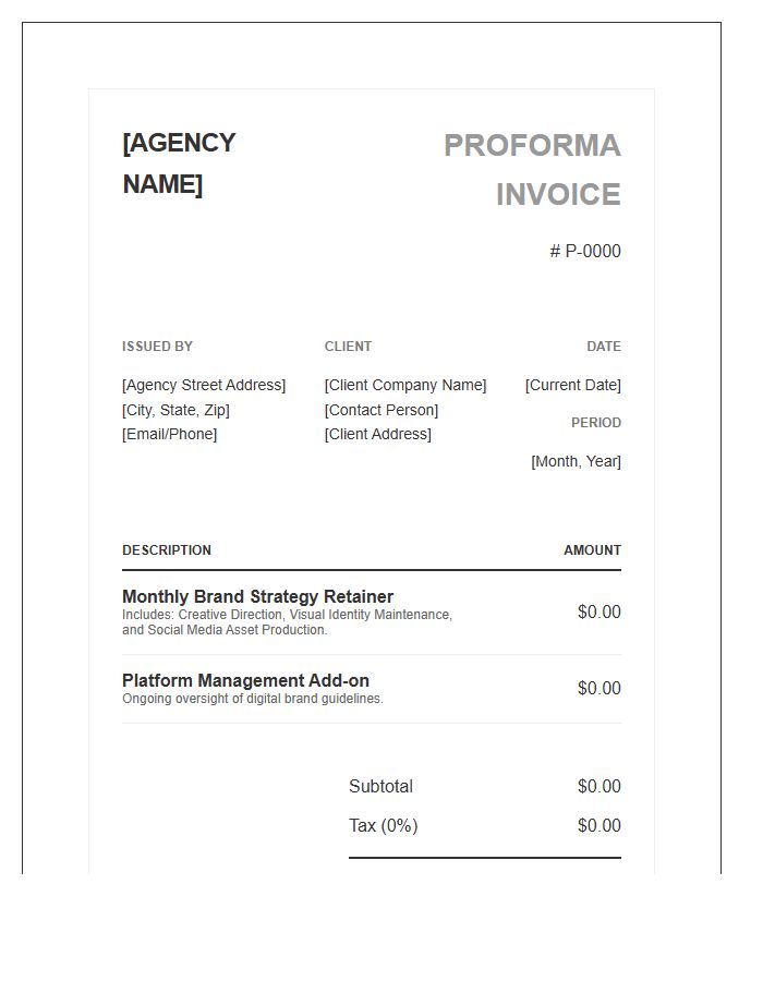Branding Agency Proforma Invoice Template For Retainers