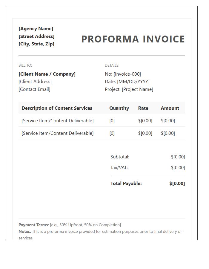 Content Creation Agency Proforma Invoice Template Overview