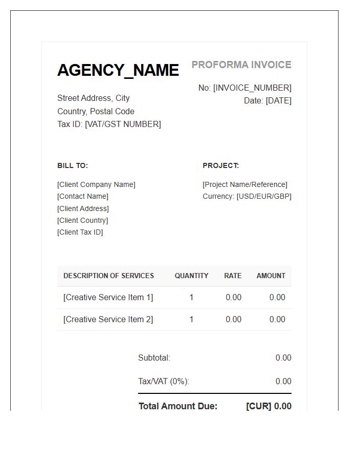 Creative Agency Proforma Invoice Template For International Billing