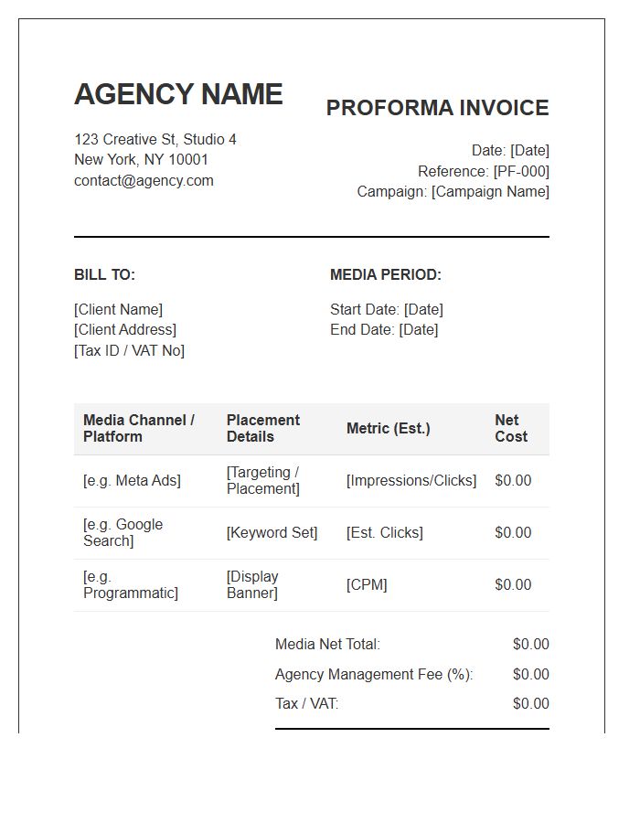 Creative Agency Proforma Invoice Template For Media Buying
