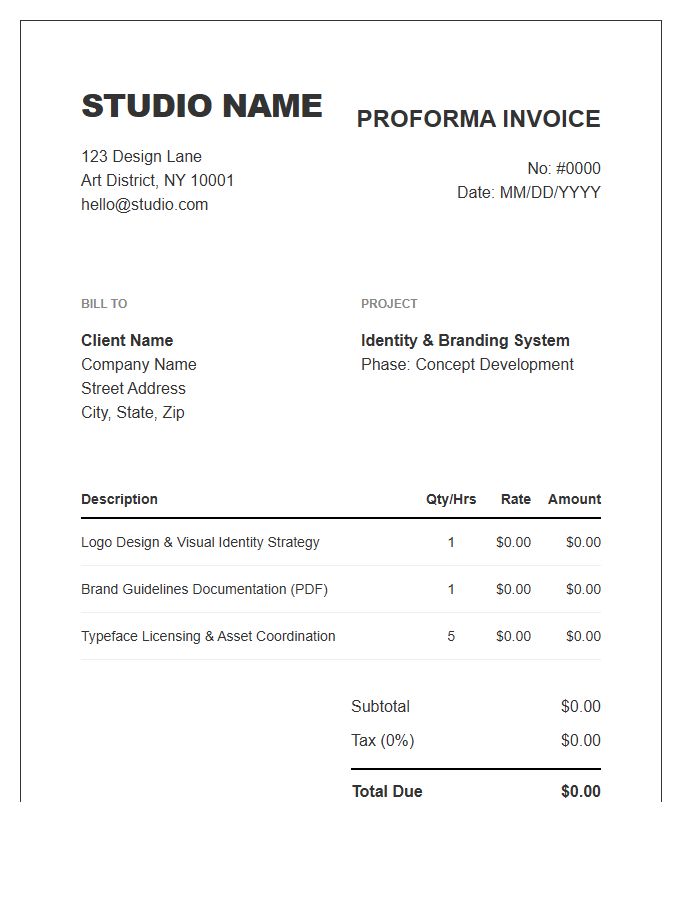 Graphic Design Studio Proforma Invoice Template Document