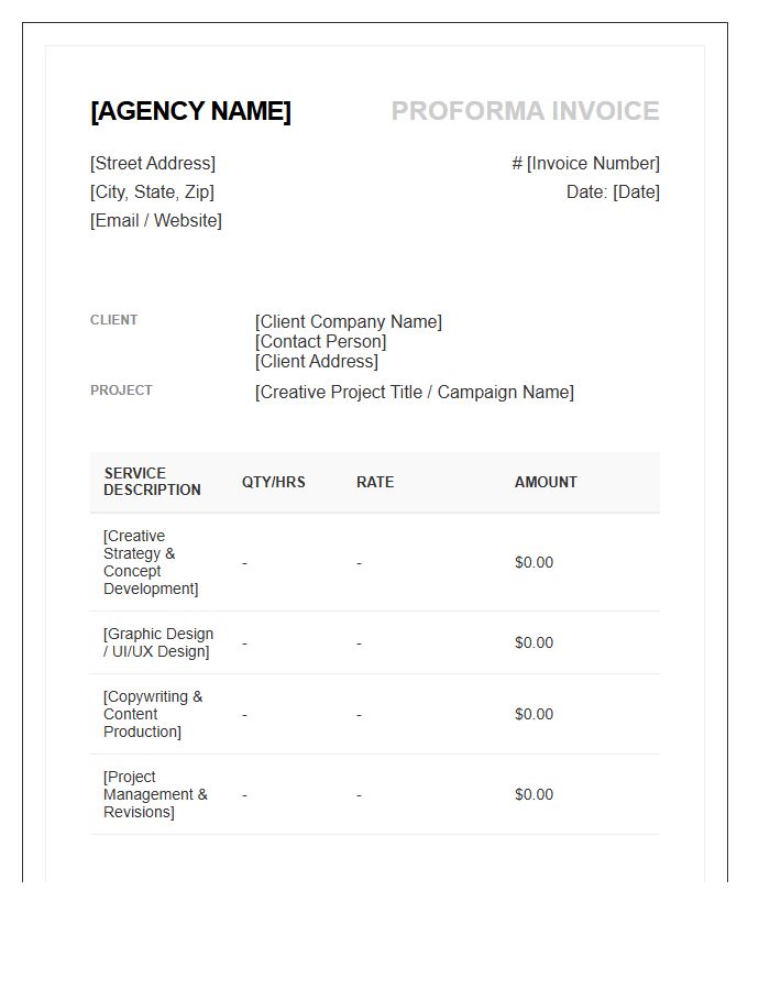 Proforma Invoice Template For Creative Agency Projects