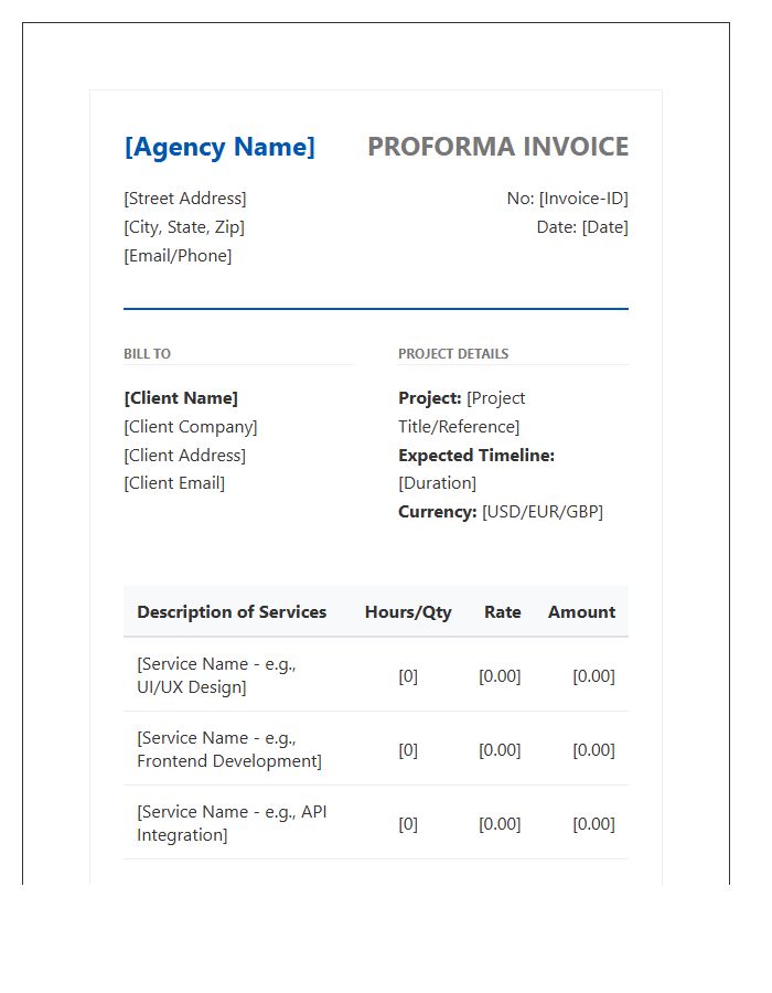 Web Development Agency Proforma Invoice Template Specifications