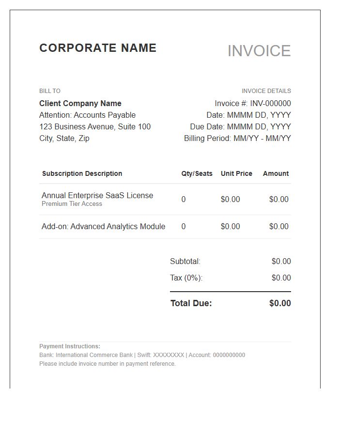 Corporate Subscription Billing Invoice Template