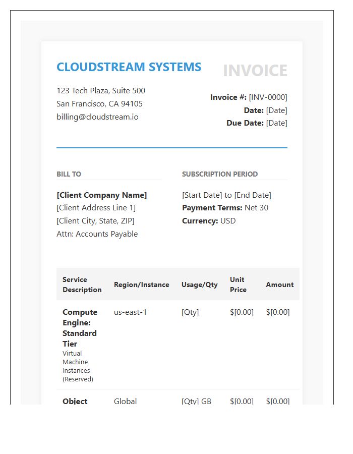 B2B Cloud Infrastructure Subscription Invoice Template