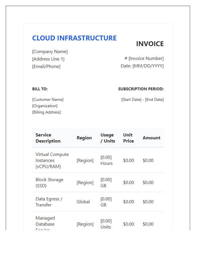 Cloud Infrastructure Subscription Service Invoice Template