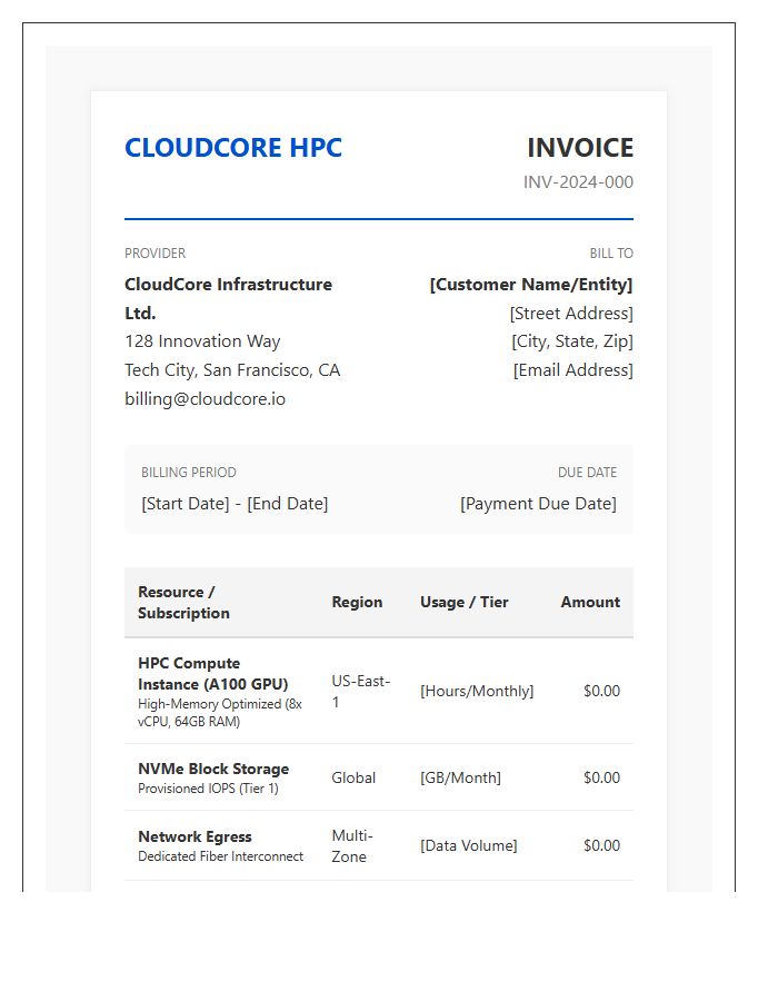 High Performance Cloud Infrastructure Subscription Invoice Template