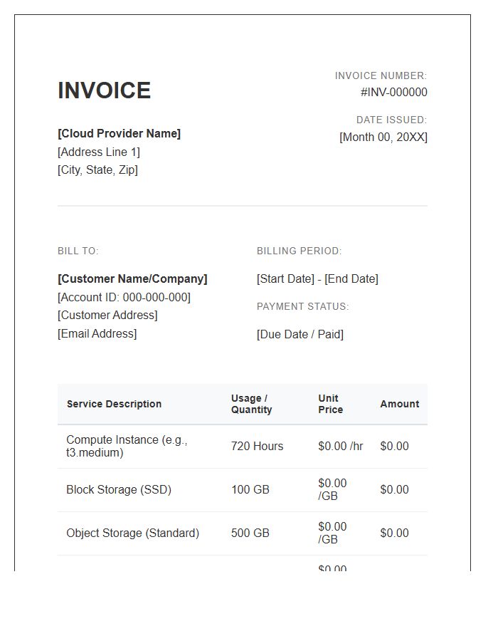 Monthly Cloud Computing Subscription Invoice Template