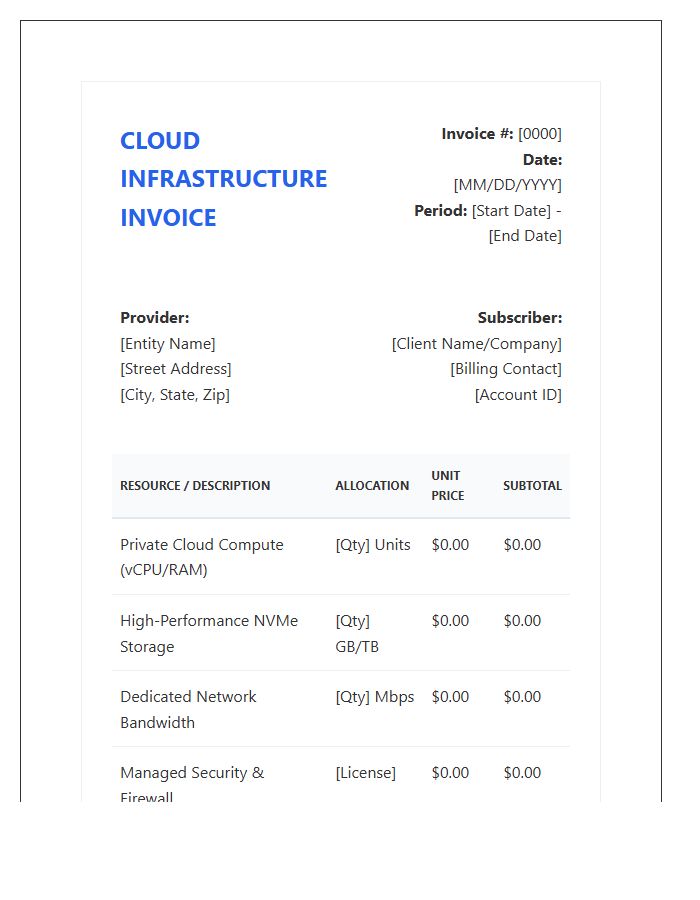 Private Cloud Infrastructure Subscription Invoice Template