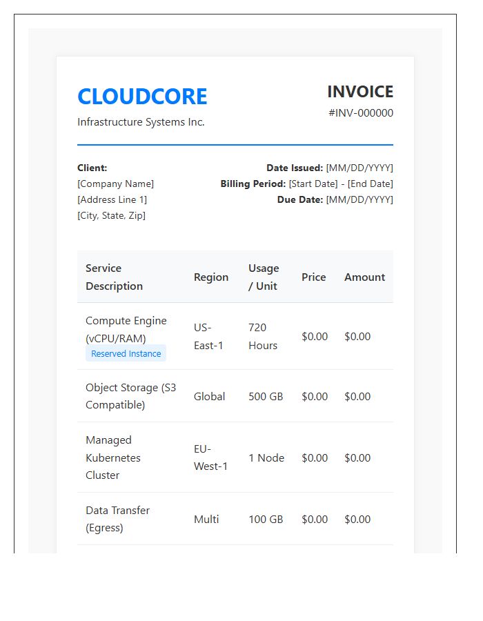 Professional Cloud Infrastructure Subscription Invoice Template