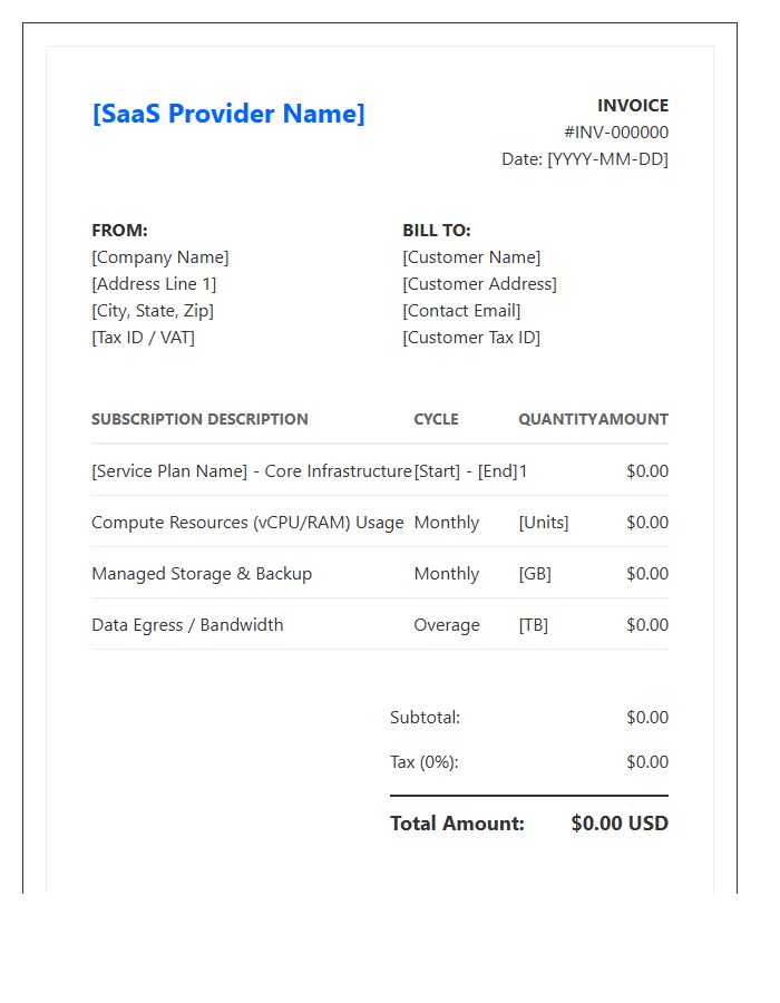 SaaS Infrastructure Subscription Service Invoice Template