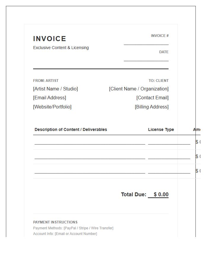 Artist Exclusive Content Invoice Template