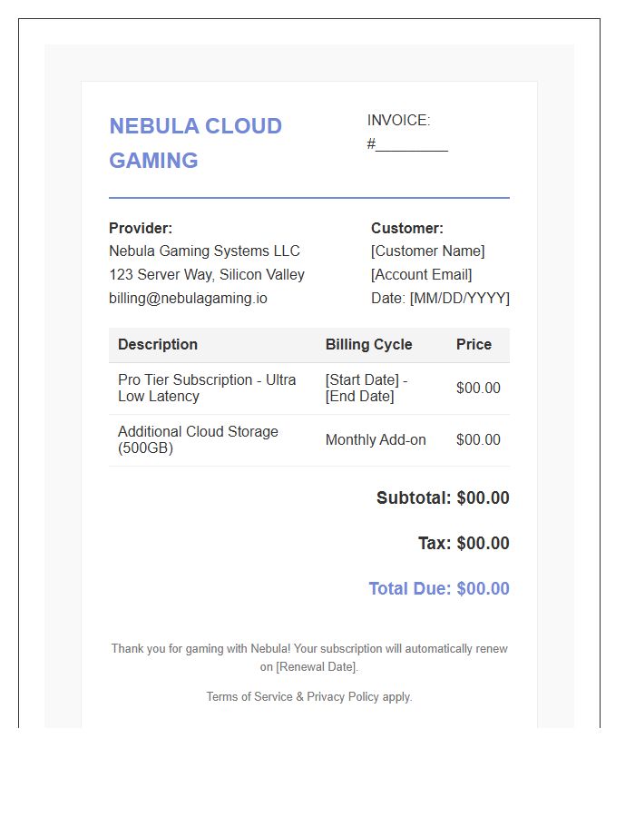 Cloud Gaming Subscription Invoice Template