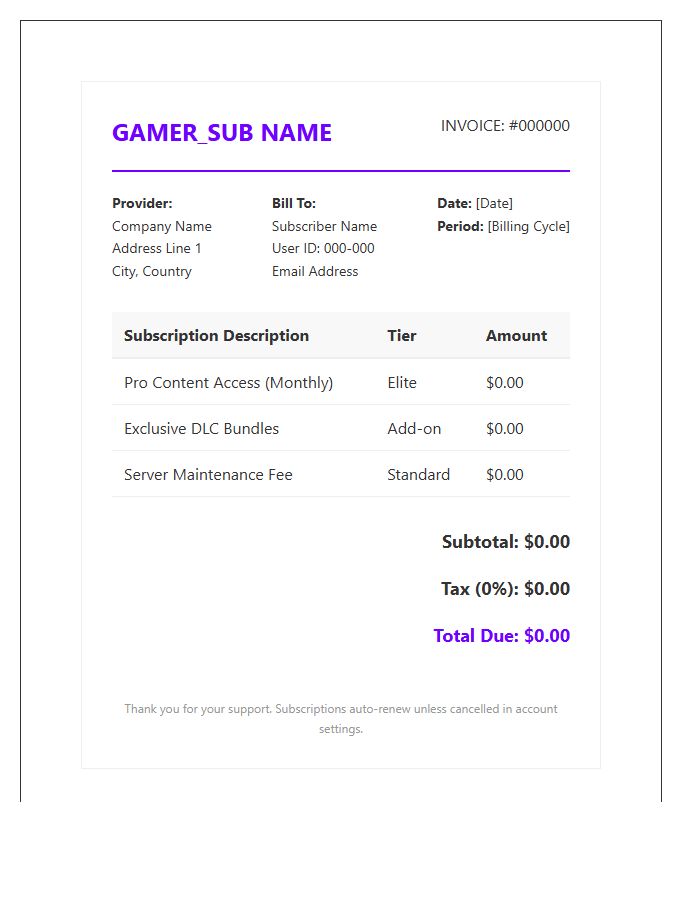 Gaming Content Subscription Invoice Template
