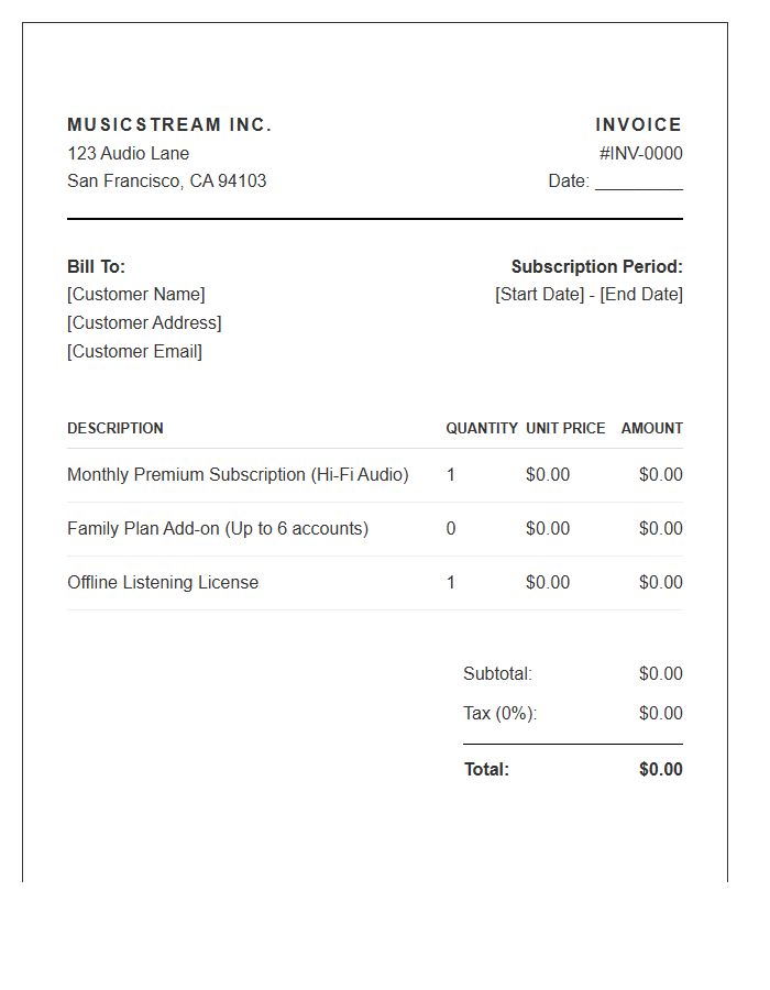 Monthly Music Streaming Invoice Template