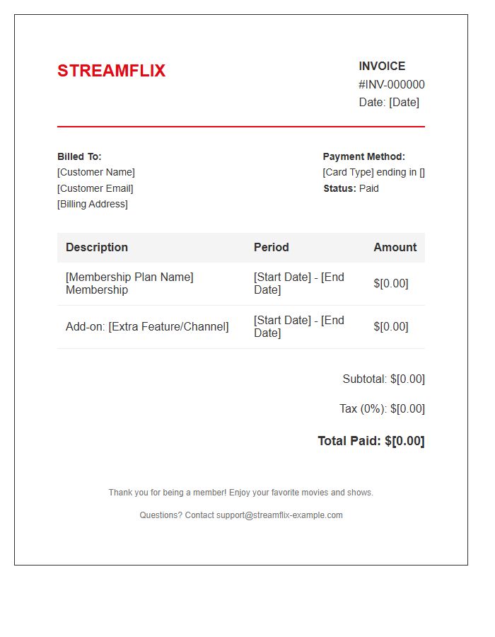 Movie Streaming Membership Invoice Template