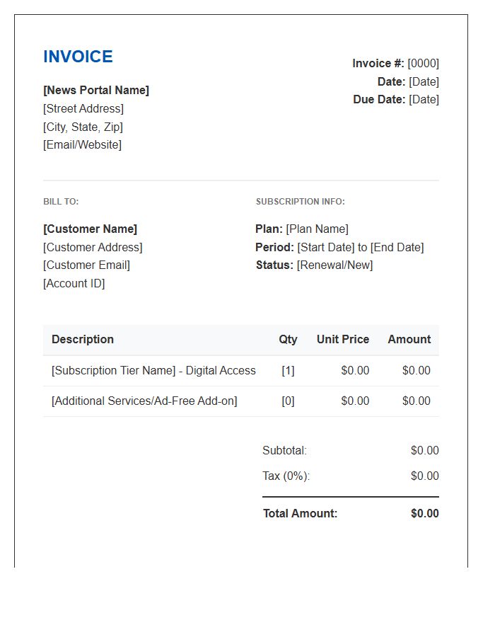 News Portal Subscription Invoice Template
