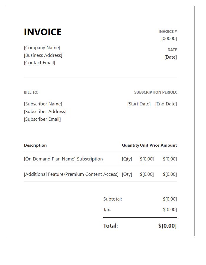 On Demand Content Subscription Invoice Template