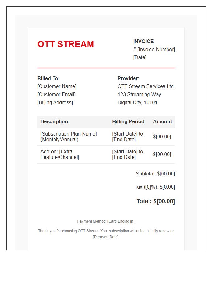 OTT Platform Subscription Invoice Template