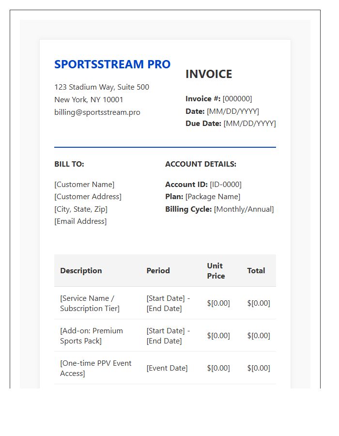 Sports Broadcast Subscription Invoice Template