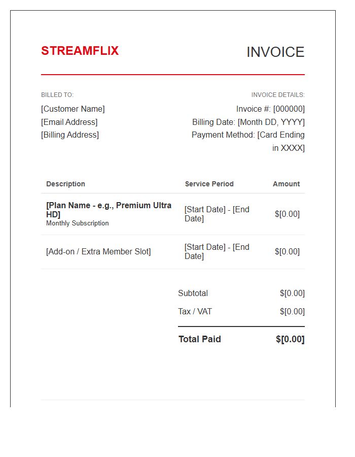Streaming Platform Billing Invoice Template