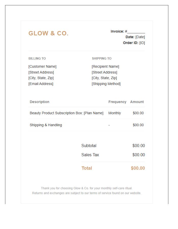 Beauty Product Box Subscription Invoice Template