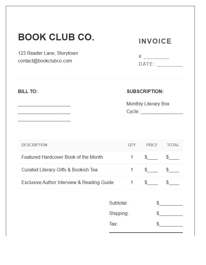 Book Club Monthly Box Invoice Template