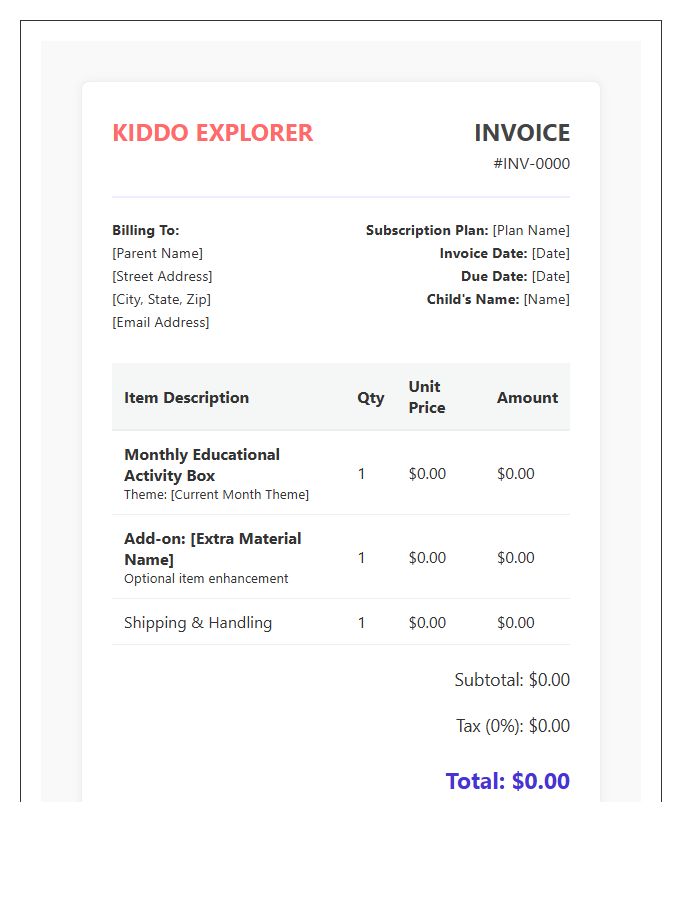 Childrens Educational Box Subscription Invoice Template