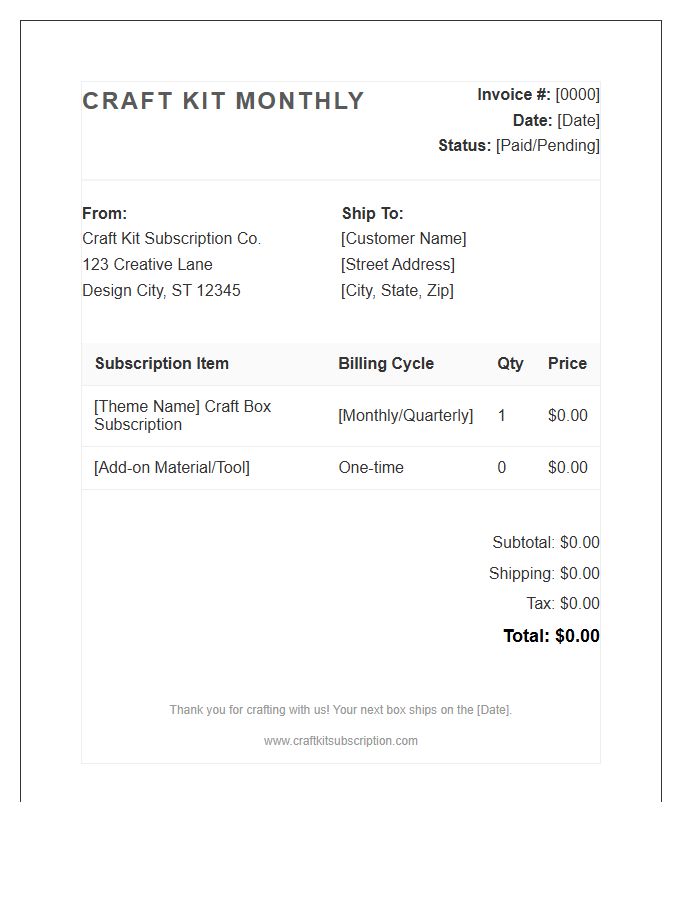 Craft Kit Subscription Box Invoice Template
