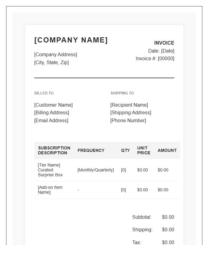 Curated Surprise Box Subscription Invoice Template