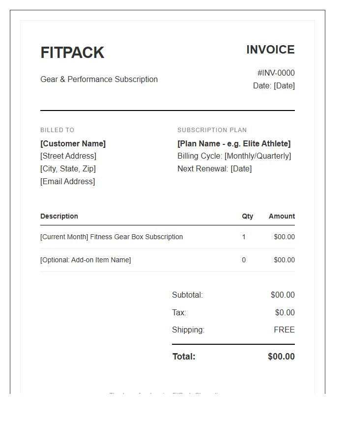 Fitness Gear Subscription Box Invoice Template