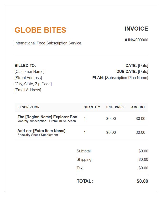 International Food Box Subscription Invoice Template
